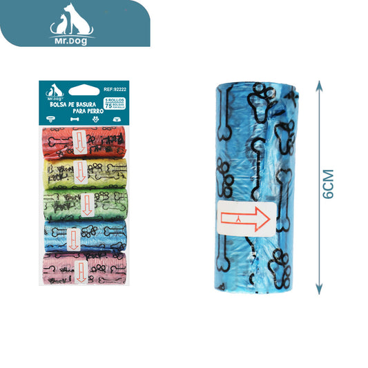 Bolsa basura para mascota de 5 bolsas de basura con estampados de huesos, texto y huellas en colores mixtos paq. con 12 pzas