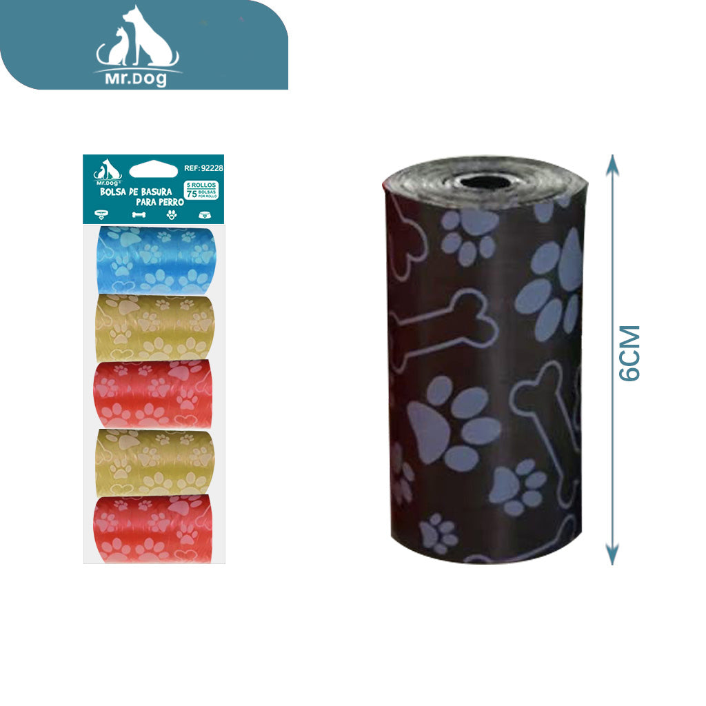 Bolsa basura para mascota 5 de basura individuales con huellas de huesos impresas en colores mixtos paq. con 12 pzas
