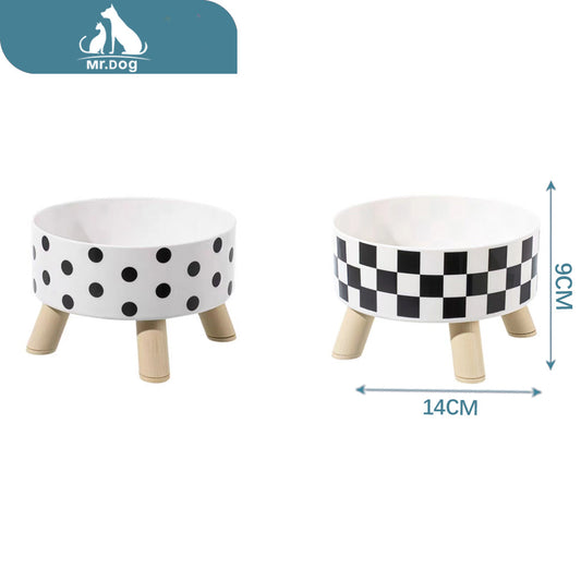 Plato para mascota alto con base a cuadros y lunares bolsa de polipropileno 110 g 14×14 x 9 paq. con 12 pzas