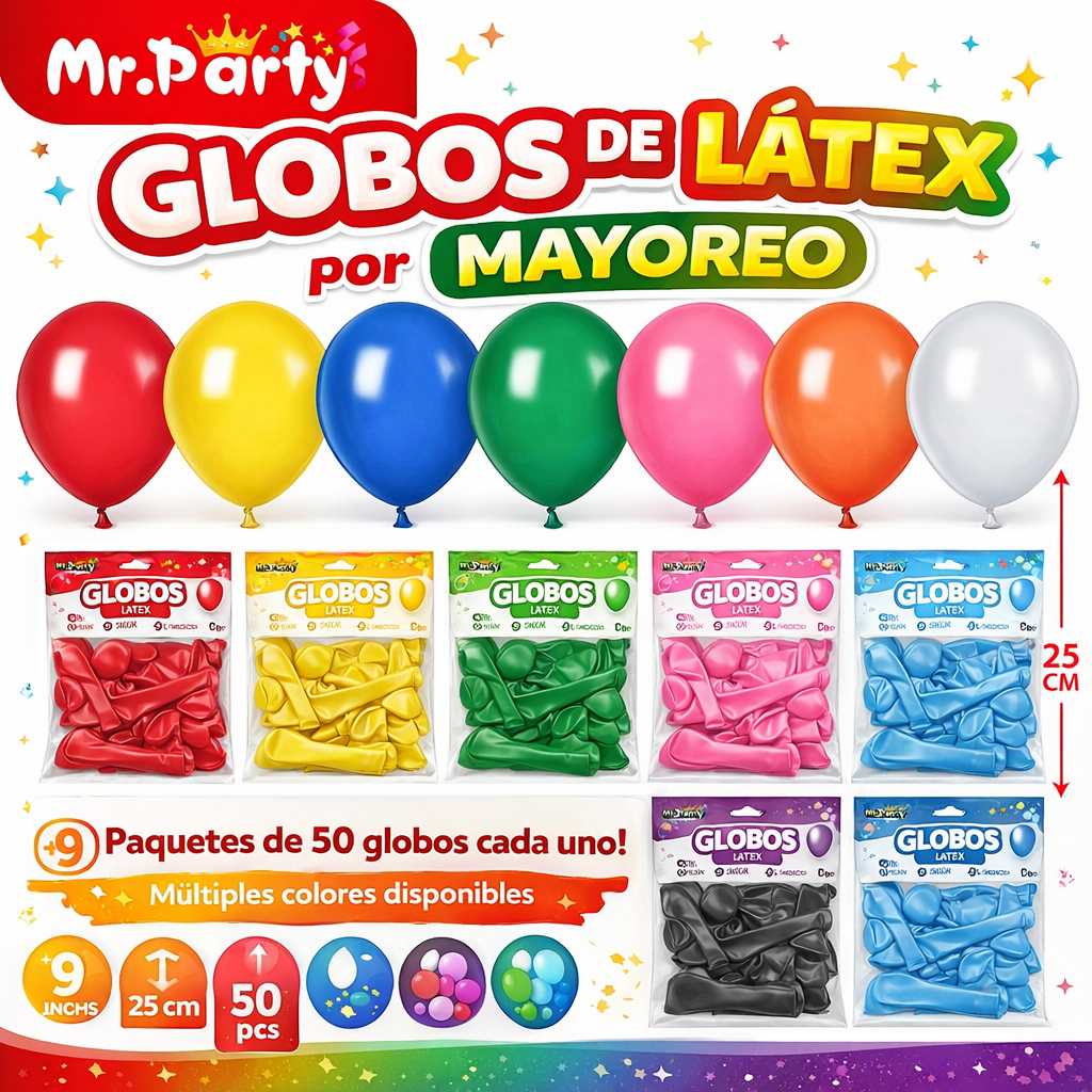 Globos de Látex 9” (25 cm) – Con 50 Globos| Mr. Party - Mayoreo 12pzas