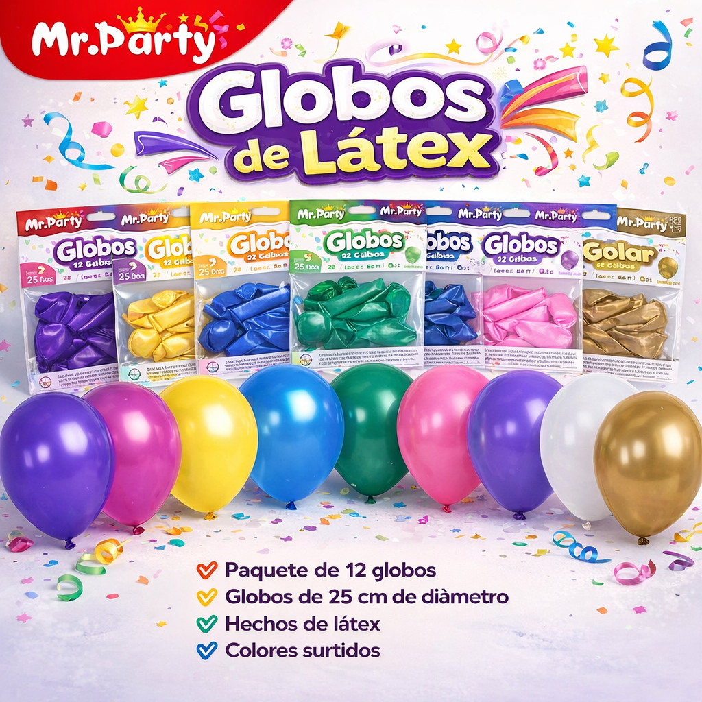 Globos de Látex 9” (25 cm) – Con 12 globos | Mr. Party Brillosos