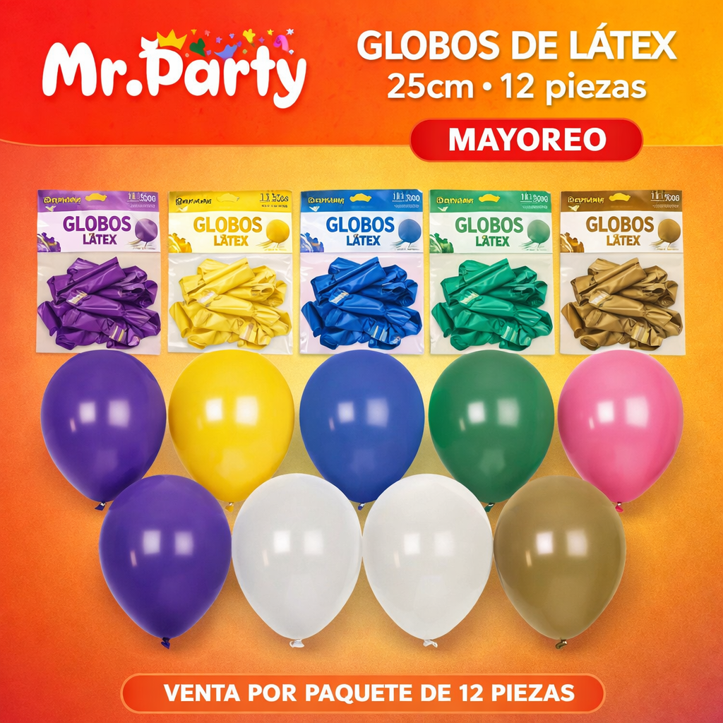 Globos de Látex 9” (25 cm) – Con 12 globos | Mr. Party Brillosos - Mayoreo 12pzas