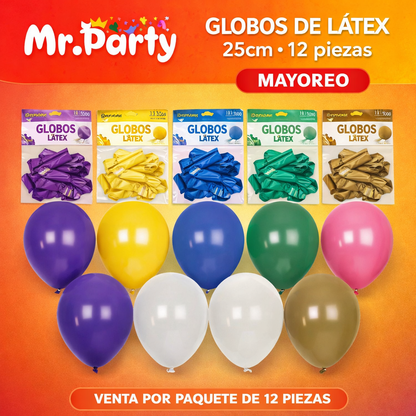 Globos de Látex 9” (25 cm) – Con 12 globos | Mr. Party Brillosos - Mayoreo 12pzas