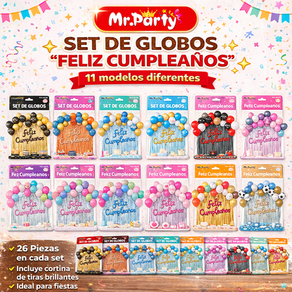 Kit Decoración de Cumpleaños con Globos + Cortina Metalizada + “Feliz Cumpleaños” | Set de Globos Mr. Party V2