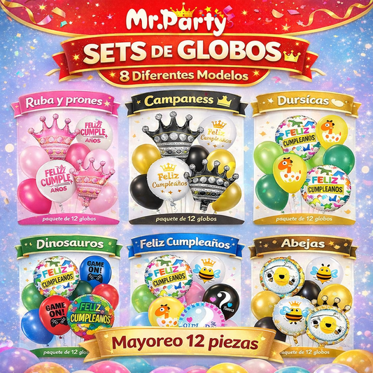 🎈✨ Set de Globos Temáticos Feliz Cumpleaños (9 Pzas) | Decoración Fiesta V1 - 12 paquetes - Mayoreo