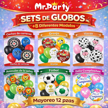 🎈✨ Set de Globos Temáticos Feliz Cumpleaños (9 Pzas) | Decoración Fiesta V2 - 12 paquetes - Mayoreo