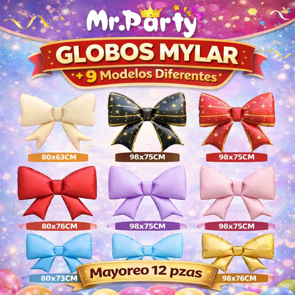 🎀 Globo Mylar Moño Gigante 98cm | Globo Metálico para Decoración | Helio o Aire ✨- Mayoreo 12 paquetes