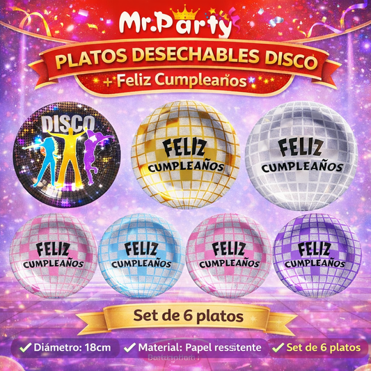 Platos de Papel Disco 18 cm (6 pzas) 🎉🪩 | Feliz Cumpleaños y Fiesta Temática