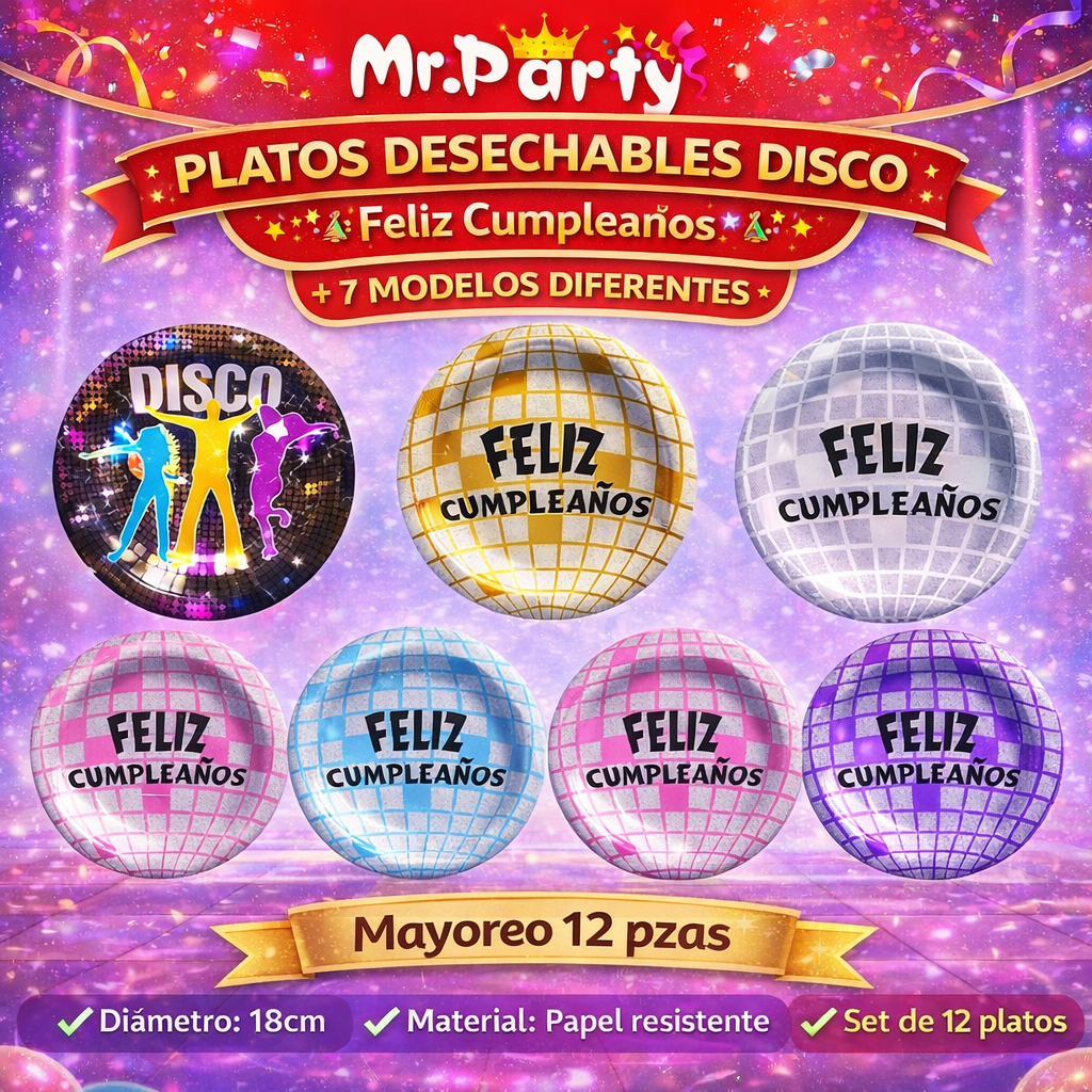 Platos de Papel Disco 18 cm (6 pzas) 🎉🪩 | Feliz Cumpleaños y Fiesta Temática- Mayoreo 12 pzas