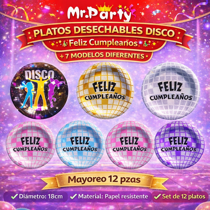 Platos de Papel Disco 18 cm (6 pzas) 🎉🪩 | Feliz Cumpleaños y Fiesta Temática- Mayoreo 12 pzas