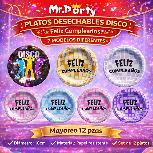 Platos de Papel Disco 18 cm (6 pzas) 🎉🪩 | Feliz Cumpleaños y Fiesta Temática- Mayoreo 12 pzas