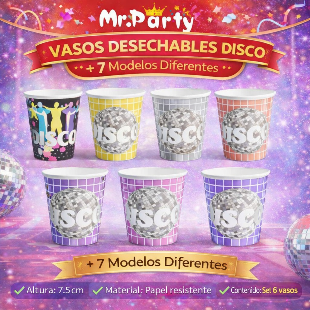 Vasos de Papel Disco 7.5 cm | Set para Fiesta y Cumpleaños | Desechables Mr. Party 🪩🥤🎉