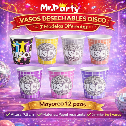 Vasos de Papel Disco 7.5 cm | Set para Fiesta y Cumpleaños | Desechables Mr. Party 🪩🥤🎉- Mayoreo 12 paquetes
