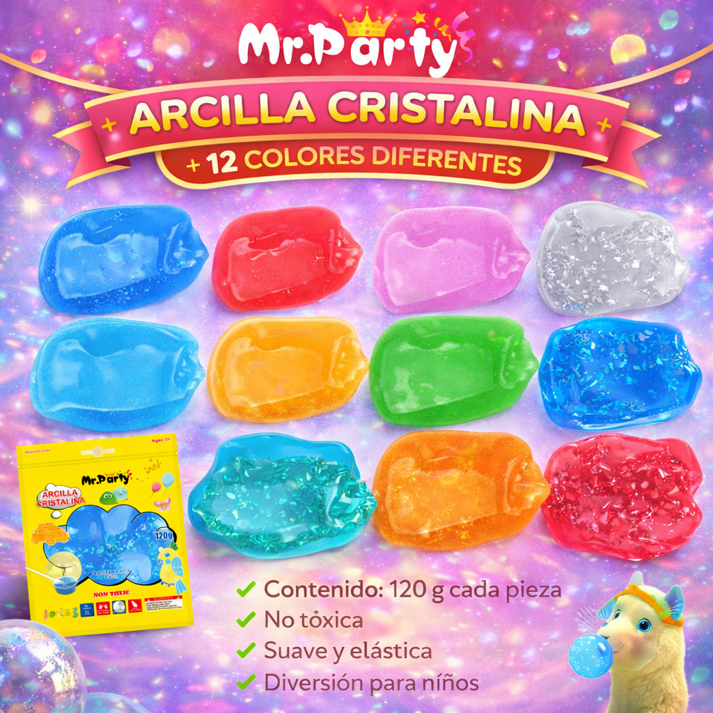 🧩✨ Arcilla Suave y Arcilla Cristalina Mr. Party | No Tóxica | Para Manualidades y Slime | 60g / 120g