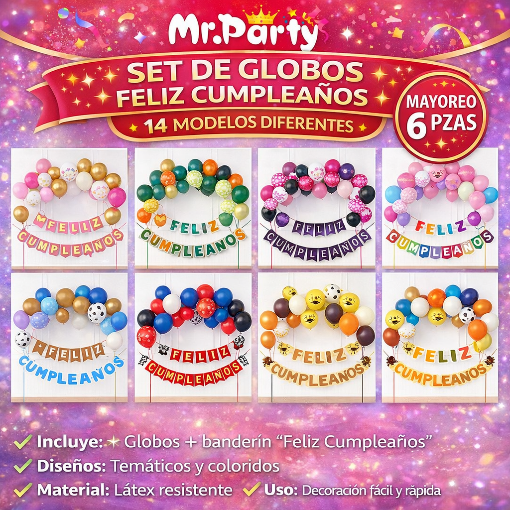 🎈✨ Kit Decoración Cumpleaños Set de Globos  + Banner “Feliz Cumpleaños” | Mr. Party- Mayoreo 6 pzas