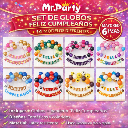 🎈✨ Kit Decoración Cumpleaños Set de Globos  + Banner “Feliz Cumpleaños” | Mr. Party- Mayoreo 6 pzas