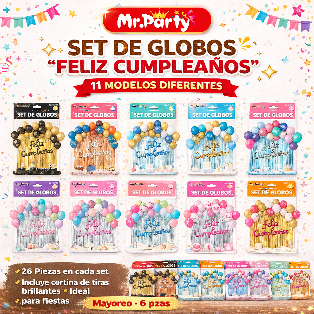Kit Decoración de Cumpleaños con Globos + Cortina Metalizada + “Feliz Cumpleaños” | Set de Globos Mr. Party- Mayoreo 6 pzas