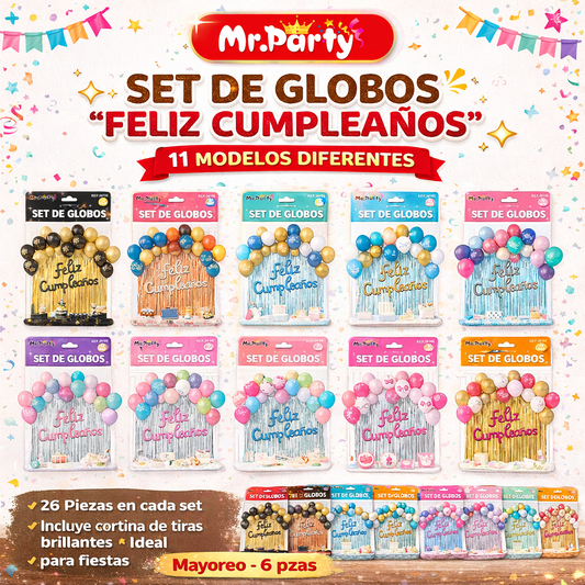 Kit Decoración de Cumpleaños con Globos + Cortina Metalizada + “Feliz Cumpleaños” | Set de Globos Mr. Party- Mayoreo 6 pzas