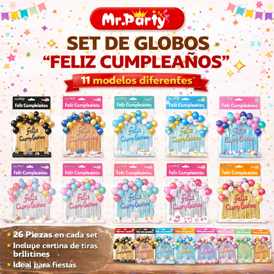 Kit Decoración de Cumpleaños con Globos + Cortina Metalizada + “Feliz Cumpleaños” | Set de Globos Mr. Party