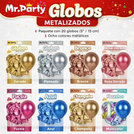 ✨ Globos de Látex Metalizados 5” (15 cm) | Con 20 globos | Mr. Party