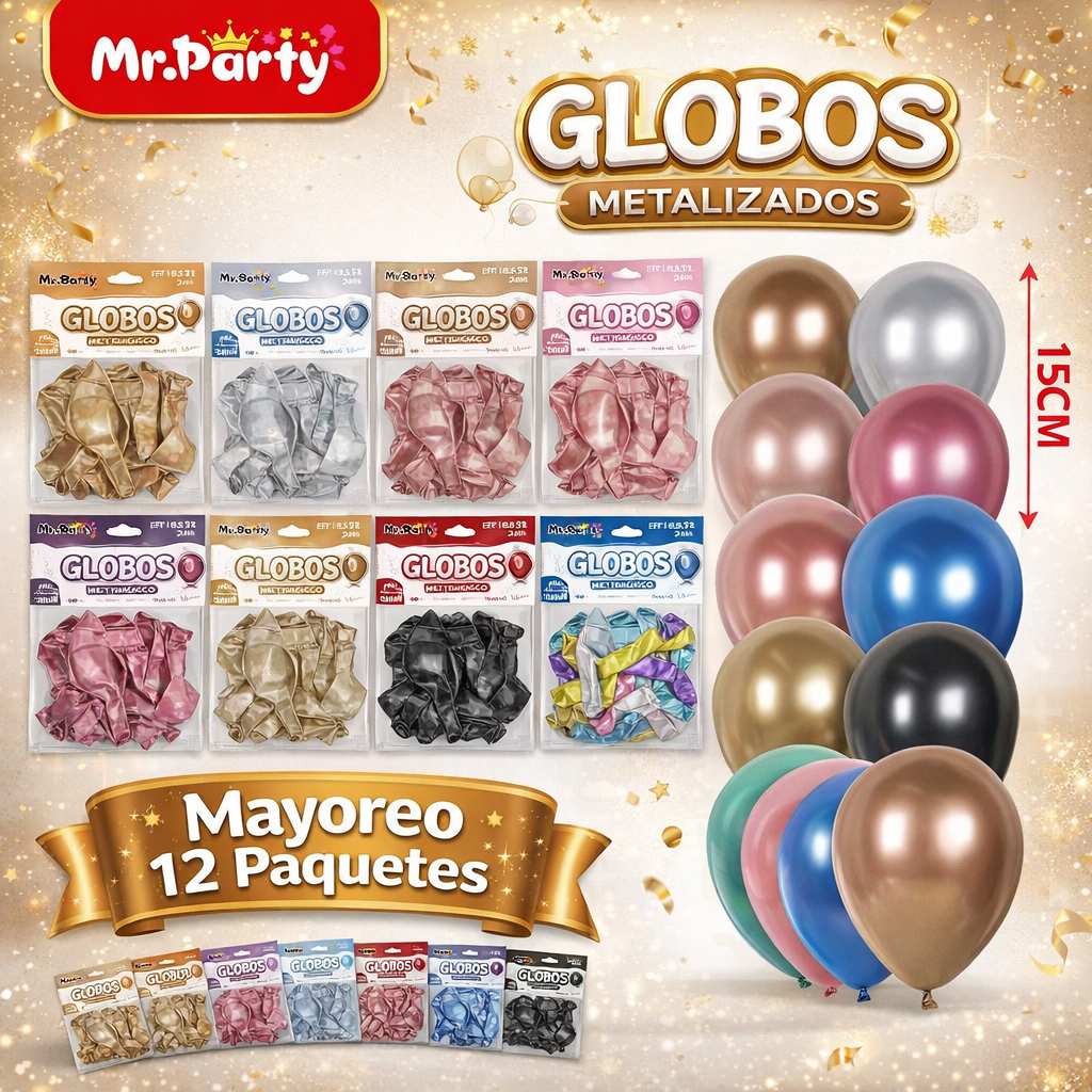 ✨ Globos de Látex Metalizados 5” (15 cm) | Con 20 globos | Mr. Party- 12pzas mayoreo