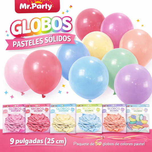 🎈 Globos de Látex Pastel 9” (25 cm) |Con 50 globos | Mr. Party