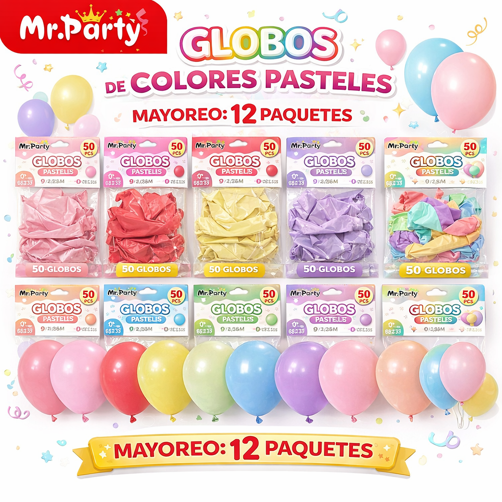 🎈 Globos de Látex Pastel 9” (25 cm) |Con 50 globos | Mr. Party Paquete 12 pzas Mayoreo