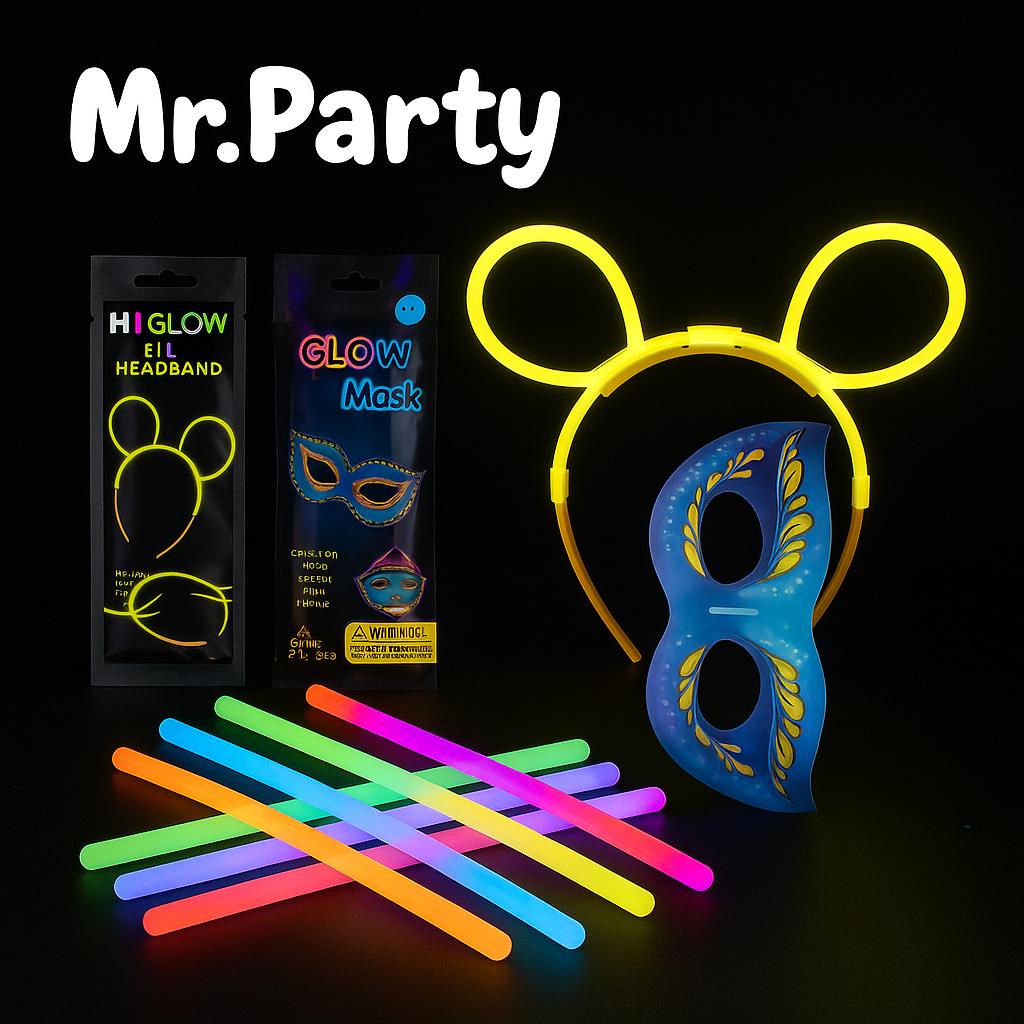 Kit Glow Fiesta Mr. Party – Diadema, Antifaz y Varitas que Brillan en la Oscuridad